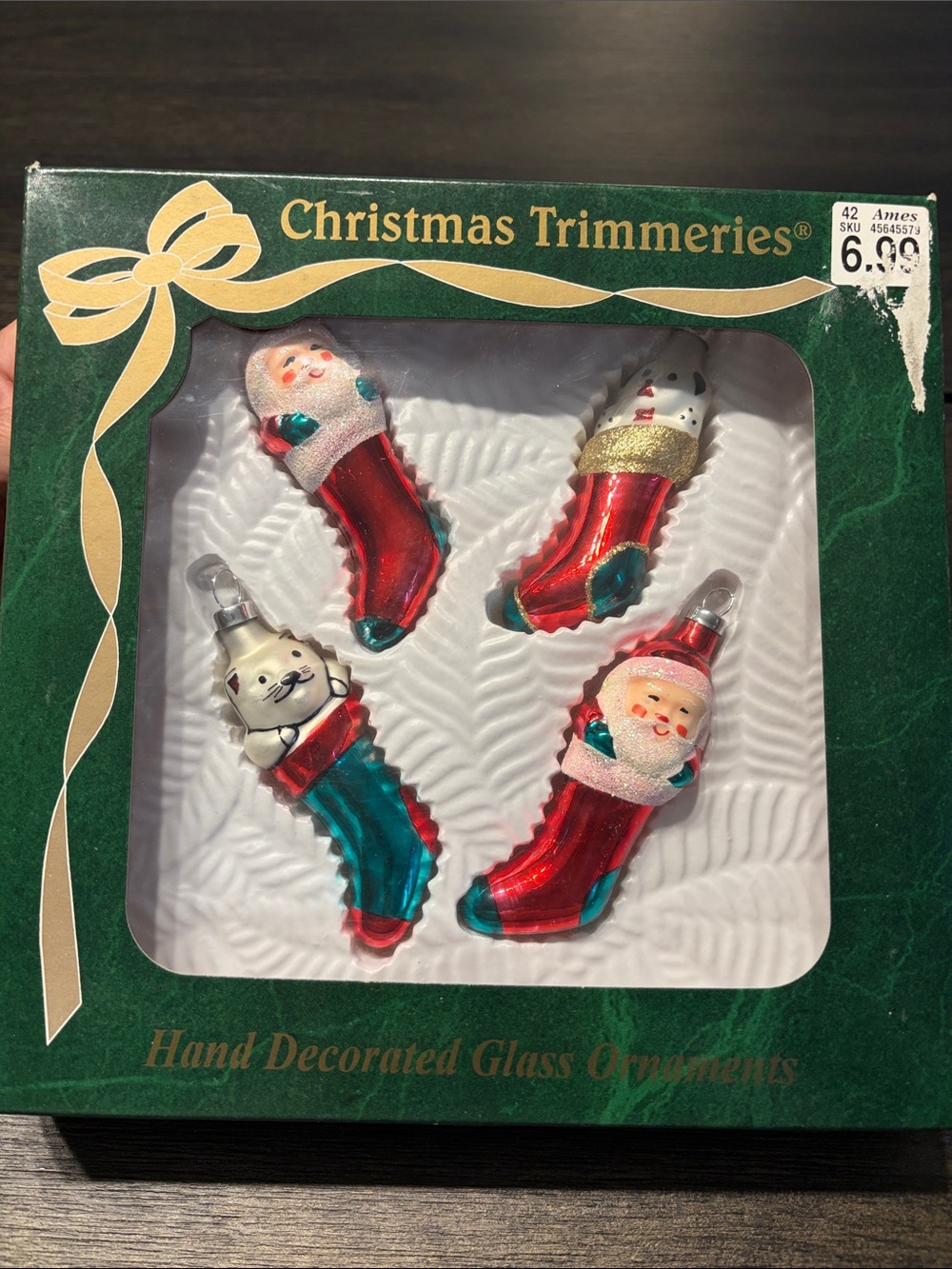 Vintage Christmas Trimmeries Glass Stocking Ornaments Set of 4 in Box Figural
